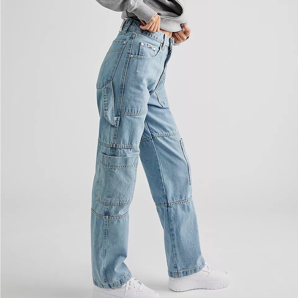 The Ragged Priest Light Blue Straight Leg Cargo Jeans